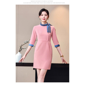 Pink Mandarin Collar Sheath Dress Women Three Quarter Sleeve Solid Color Professional Career Workwear - Product Image 3