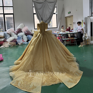 Robe de bal de Quinceañera de luxe XS192 dorée à col en V, traîne chapelle, longueur ras du sol, avec fleurs, dentelle et cristaux, style moderne pour filles - Product Image 4