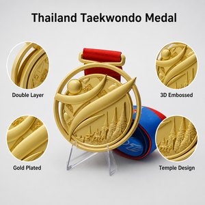 Médaille de Taekwondo personnalisée à double couche creuse, motif temple thaïlandais, OEM, médaille d'art martiaux 3D en relief, finition or avec ruban - Product Image 5
