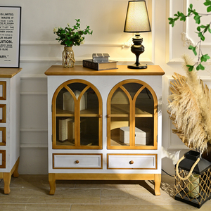 Armoire en bois massif avec porte en verre cintrée, design français moderne, accent pour la maison, salle à manger, salon, 2 tiroirs de rangement, durable - Product Image 4