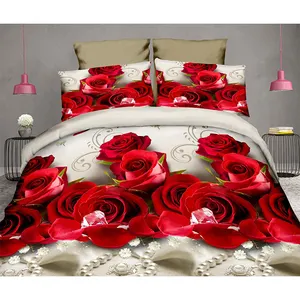مجموعات مفارش سرير فاخرة ثلاثية الأبعاد من لحاف رقمي وردي أحمر مع غطاء زهرة ملاءات سرير زفاف مطبوعة ميكروفايبر