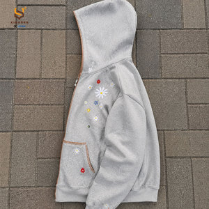 Sudadera con capucha personalizada de algodón de alta calidad con bordado floral, estilo streetwear oversize, Y2K, para hombre, color gris, con cierre de cremallera. - Product Image 4