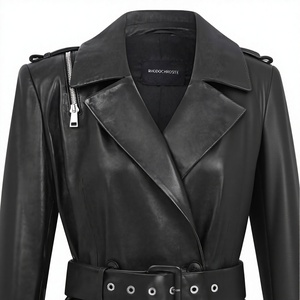 Gabardina Negra de Cuero Genuino Ecológico de Secado Rápido, Doble Botonadura, con Cinturón, Largo Midi, Ropa Exterior para Mujer, Otoño-Invierno - Product Image 3