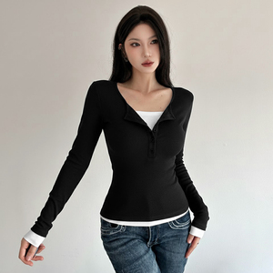 Camiseta de Punto con Capas de Color en Contraste para Mujer, Cuello en V, Manga Larga, Blusa Informal de Moda para Otoño e Invierno - Product Image 4