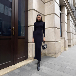 Abito Lungo in Maglia Aderente da Donna, Collo Alto, Maniche Lunghe, Stile Francese Elegante, <span class=keywords><strong>Vestito</strong></span> Maxi in Maglia per Autunno e Inverno - Product Image 2