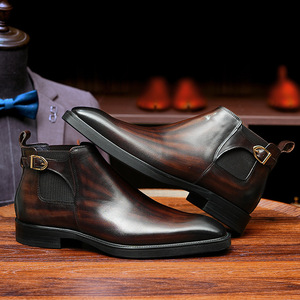 Bottines Chelsea pour hommes en cuir véritable, bout rond, à enfiler, avec bande élastique, semelle en caoutchouc, style automne - Product Image 2