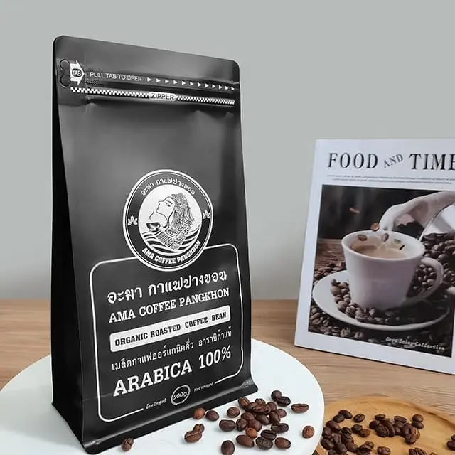 Sacos de café com zíper personalizados com fundo plano e fundo preto à prova d'água e cheiro fosco, pequenas quantidades por atacado