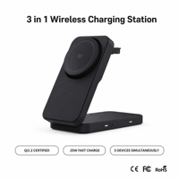Station de charge sans fil magnétique pliable 3-en-1 avec ventilateur de refroidissement pour iPhone, Samsung et Apple Watch, AirPods