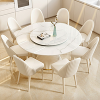 Esstisch-Set mit Drehbarem Lazy Susan, Runder Gesinterter Steinplatte, Geriffelte Basis in Cremeweiß mit Goldverzierung für Esszimmer, Hotel, Villa