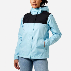 Women's Light Blue Hooded Jacket With Black Panel Color Blocking Waterproof Polyester Full Sleeve Utility Style Autumn Wear 2026 - Product Image 1