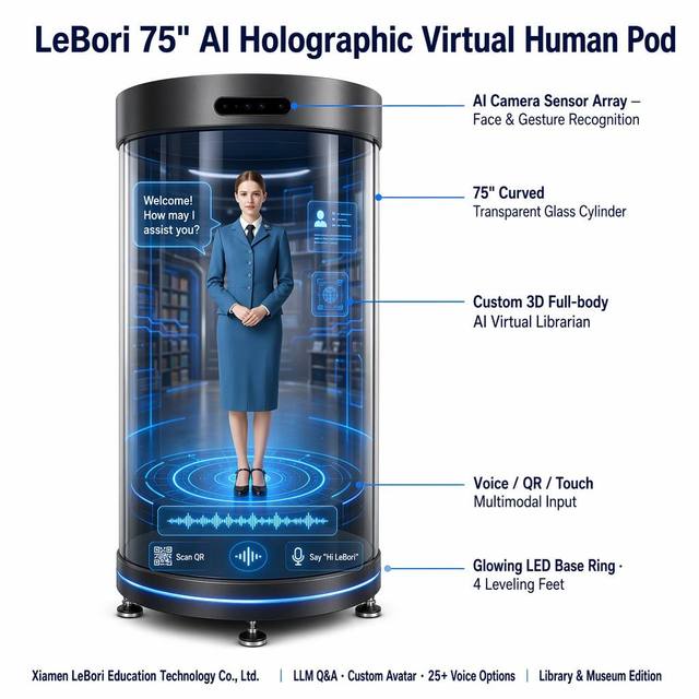 75'' AI Holographic Virtual Human Kiosk | Touchscreen LED Display Cylinder | Library Museum Interactive Avatar
