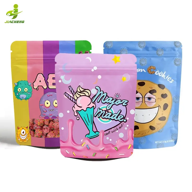 Bolsa de papel de aluminio ziplock para embalaje de alimentos de plástico resellable con impresión personalizada, bolsa de mylar de caramelo a prueba de olores con cremallera de 3,5G 7g 14g con logotipo