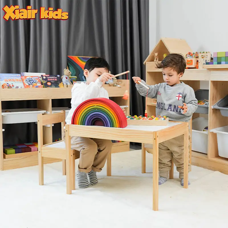 Xiair ahşap çocuk çalışma masası ile 2 sandalye seti Toddlers erkek kız çalışma masası sandalye beyaz ahşap çocuk mobilya