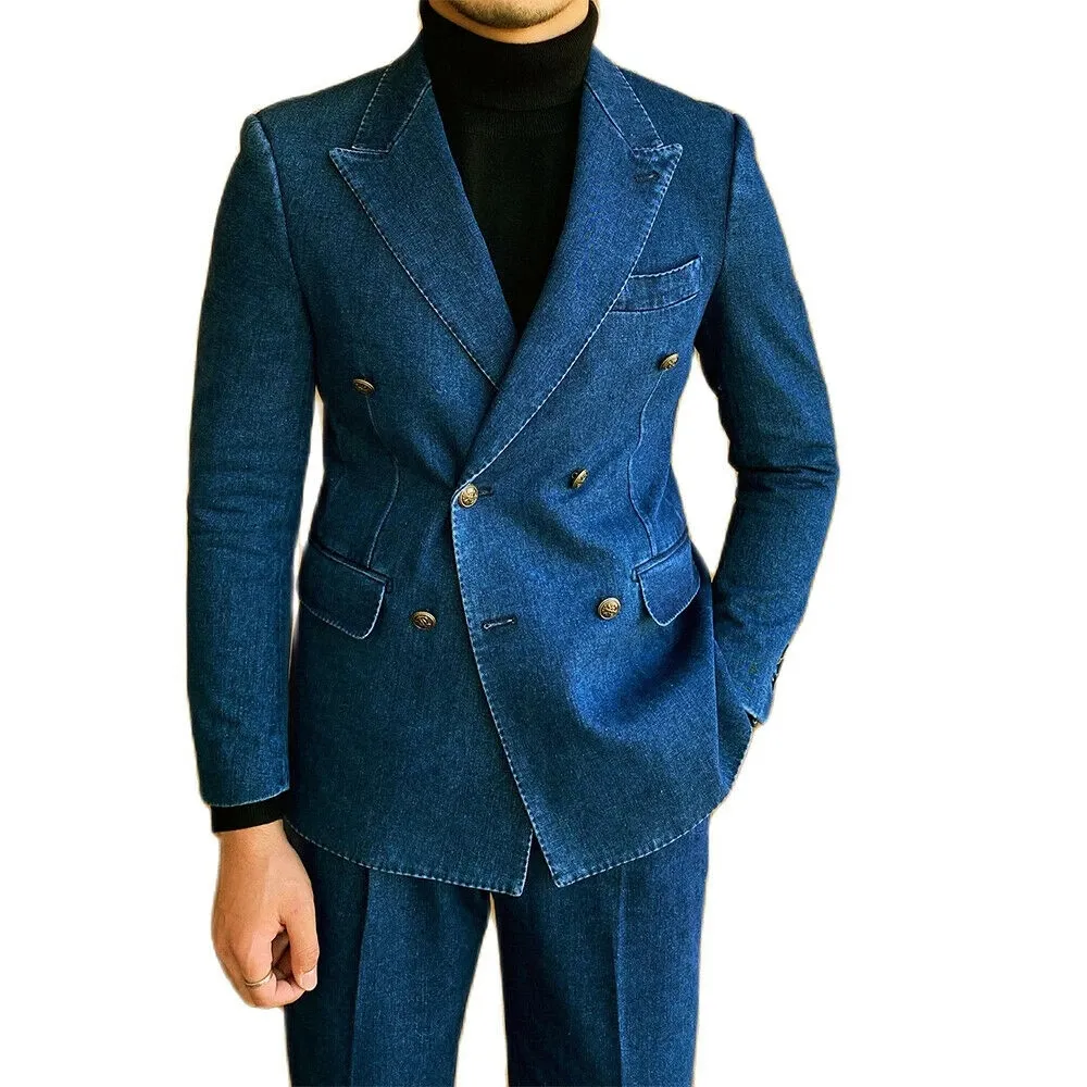 Último vaquero azul Denim hombres trajes Slim Fit 2 piezas solapa en pico personalizado Casual Blazer conjuntos traje para hombres boda novio esmoquin