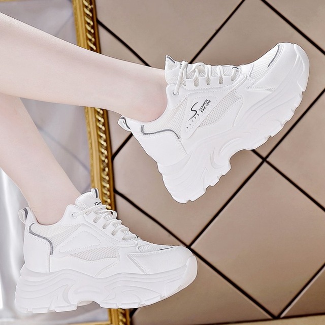 Hidden Wedge White Shoes Women Chunky Sneakers Height Increasing Breathable Casual Platform Shoes