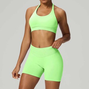 Brand New 2 Pieces Set Seamless Halter Neck Padded Bra Scrunch Shorts Workout Women Clothing Sport Wear Yoga Set - Product Image 4