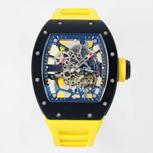 Luxury Tonneau Skeleton Mechanical <b>Watch</b> Black Matte <b>Case</b> Openwork Dial Bright Yellow Rubber Strap - Product Image 1