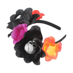 Diadema con velo de rosa para Halloween, corona de calavera negra, bandas para el pelo, aros para el pelo de flores góticas, tocados de fiesta de disfraces para mujer - Product Image 4
