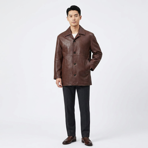 Gabardina de Cuero Genuino para Hombre, Impermeable, con Solapa con Muescas, Cierre de un Solo Botón, Largo Regular, Color Marrón, Tejido de Punto - Product Image 1