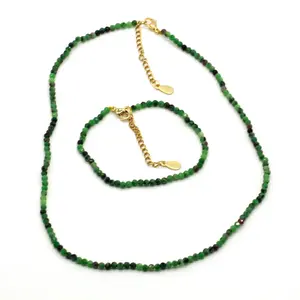 Natural Green Epidote 3mm Stone Faceted Beads Jewelry Sets Adjustable Bracelet and Necklace