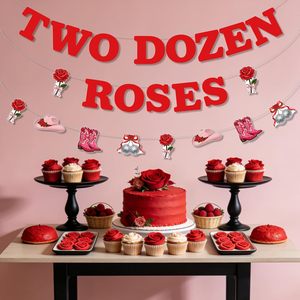 Ensemble de bannière et guirlande de 24 roses, décoration florale Western Cowgirl pour <span class=keywords><strong>2e</strong></span> <span class=keywords><strong>anniversaire</strong></span> avec chapeau de cowboy, bottes, roses et boule disco - Product Image 1