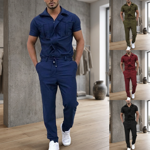 Hot Sale Plaid Short-sleeved <b>Knitted</b> Zip up One Piece Work Jumpsuit Hip Hop Summer Track Jogger Suit <b>Sets</b> for Men - Product Image 4