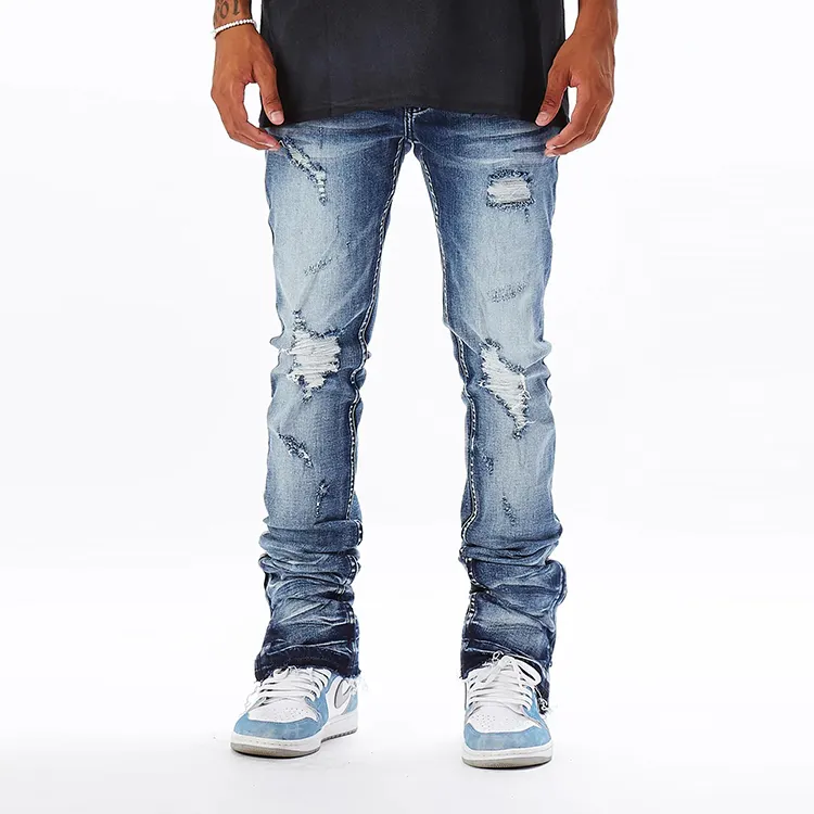 New arrivals light blue denim jeans custom logo distressed stacked jeans men