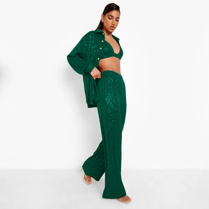 Paillettes Set da 3 pezzi da donna Sexy reggiseno intimo Bling camicia a maniche lunghe <span class=keywords><strong>pantaloni</strong></span> a gamba larga completi femminili vestito verde da donna per feste - Product Image 4