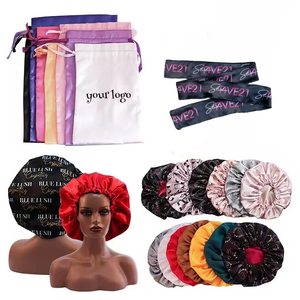 New Design Custom Logo Double Layer Satin <strong>Bonnet</strong> With Satin Bags for Women Designer Satin Hair Wrap Nightcap With Logo Tie Band - Product Image 1
