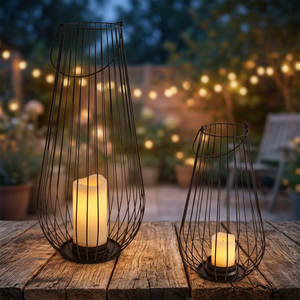 Set of 2 Stylish <b>Black</b> Wire <b>Lanterns</b> with Candle Holder Elegant Design for Modern Home Decor and Ambient Lighting - Product Image 1