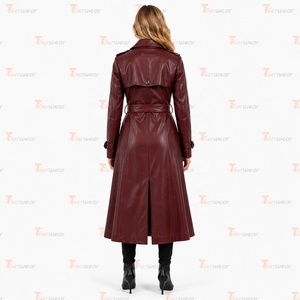 TiIerwear Women's Faux <b>Leather</b> Maxi <b>Trench</b> <b>Coat</b> Double Breasted Notched Collar Full Sleeve Elegant Autumn Outerwear - Product Image 5
