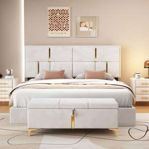 Modern 2-Piece Queen Size Wood Bedroom Set Upholstered <b>Platform</b> <b>Bed</b> Hydraulic <b>Storage</b> System <b>Storage</b> Ottoman Metal Legs - Product Image 2