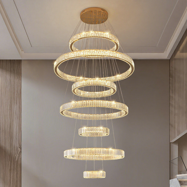 BGST New Design Staircase Villa Long Luxury Crystal Circle Led Pendant Lights Round Hanging Ring Shape Chandelier Large
