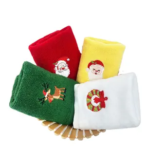 Bathroom Bath Hand Towel Christmas Embroidered Tea Kitchen Decoration Towels White Green 100% Cotton Towel Kitchen Christmas