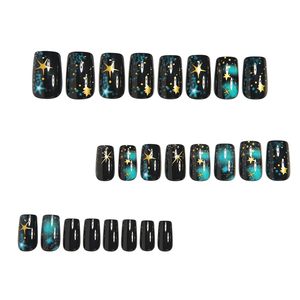 Unghie Finte Medie Quadrate con Cielo Stellato <span class=keywords><strong>Nero</strong></span>, Design Artistico in Rilievo, Stelle Sfumate, Unghie Acriliche a Copertura Totale per Donne e Ragazze, 24 Pezzi - Product Image 3