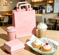 Ensemble à emporter rose classique et minimaliste, biodégradable, durable et écologique pour cafés, boulangeries et boutiques de desserts