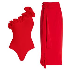 Women 2Pcs Red One Shoulder 3D Flower One Piece Swimsuit With Wrap <b>Skirt</b> Beach Cover Up Monokini Vacation <b>Swimwear</b> Set Wholesale - Product Image 1