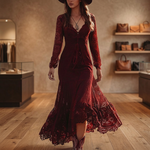 Robe longue maxi en dentelle bohème tendance faite à la main, col en V, manches longues, ourlet évasé, couleur unie, style décontracté automne, vente en gros - Product Image 3