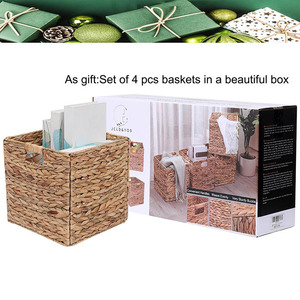 Panier de rangement en <span class=keywords><strong>osier</strong></span>, paniers cubiques pliables, tissés à la main en jacinthe d'eau, boîte de rangement pour le linge avec poignée - Product Image 2