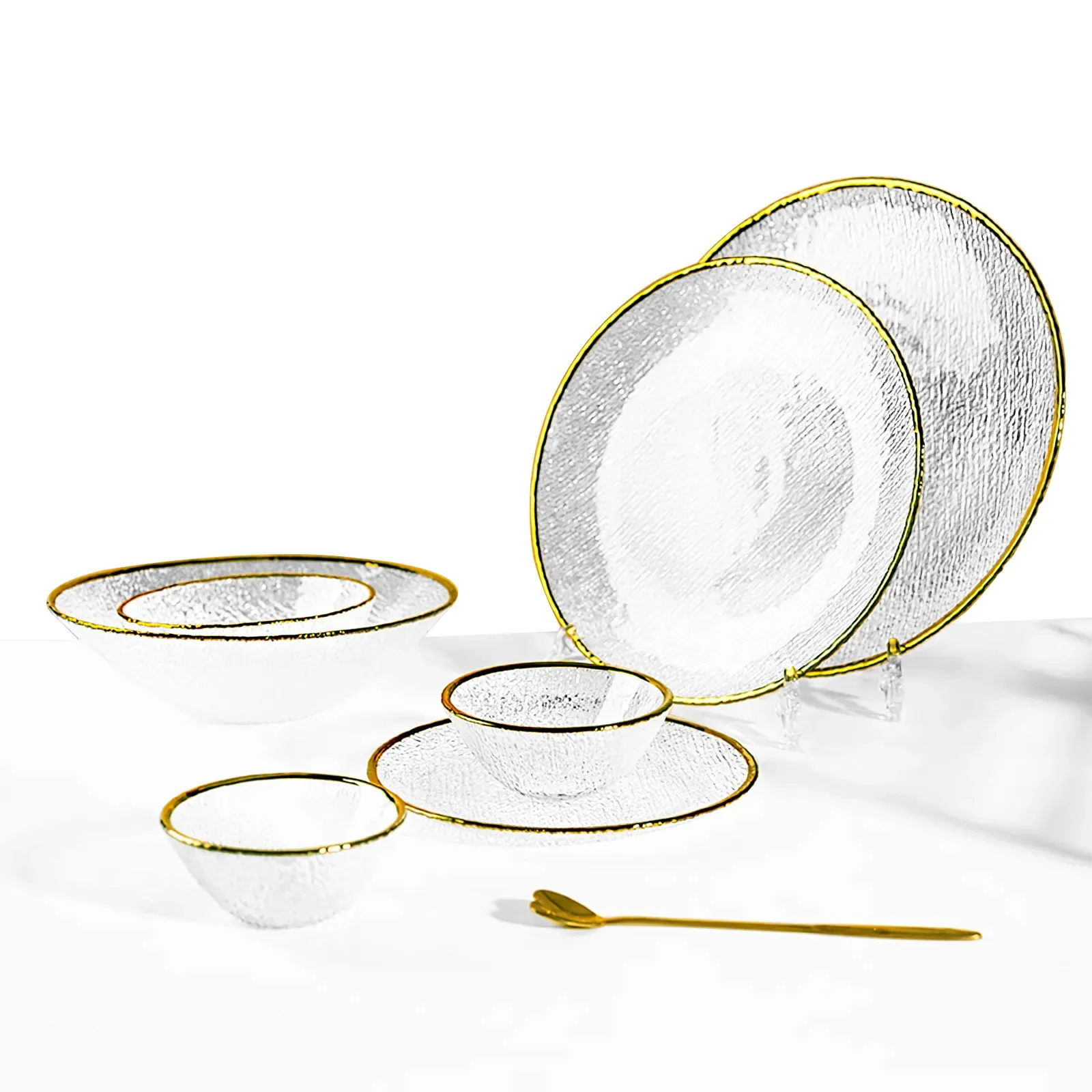 New Product Dinnerware Gold Rim Hammered Glass Charger Plates Glass Bowl Set
