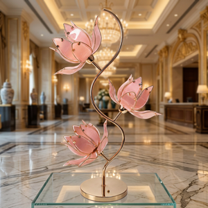 Lampe de table élégante en forme de fleur de lotus rose, base en métal plaqué or et pétales en verre, E26, pour une table de chevet élégante dans une chambre à coucher - Product Image 6