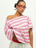 T-shirt rayé à épaules dénudées pour femmes, coupe ample, tricoté, manches courtes, streetwear d'été