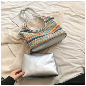 Women's Woven Straw <b>Tote</b> Handbag Large Capacity <b>Zip</b> Closure Waterproof Pillow Shape Shoulder Bag for Female Tanjing - Product Image 6