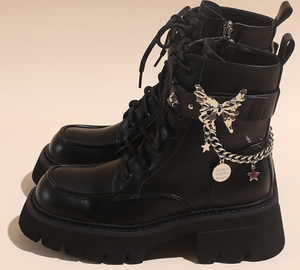 Botines de Mujer con Punta en Pico, Tacón Grueso, Diseño de Mariposa Abi, Estilo Británico Urbano, Vaqueros que Aumentan la Estatura - Product Image 6