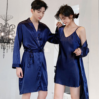 Pijamas de Satén Estilo Europeo Americano para Hombre y Mujer, Finos, Sexys, con Cuello en V, Manga Larga, Secado Rápido, Transpirables, de Seda Helada, para Primavera