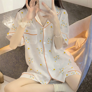 Conjunto de Dos Piezas de Verano 2026, Informal, Tejido Floral, Transpirable, con Cárdigan de Manga Corta y Pantalones de Cintura Elástica para Mujer, 100% Algodón - Product Image 3