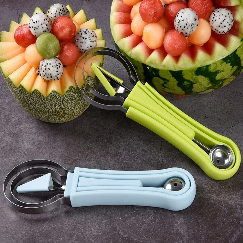 Meyve tabağı meyve kazmak hamuru ayırıcı mutfak alet Acces 4 In 1 karpuz dilimleme kesici Scoop meyve oyma bıçağı kesici