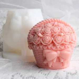 Dm686 Bloem Boog Mand Kaars Siliconen Mal 3d Rose Zeep Wax Cakevorm Gips Ornamenten Valentijnsdag Huwelijksgeschenk