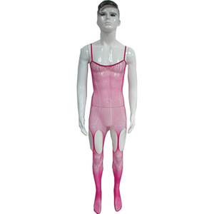 Combinaison sexy en résille pour homme, rose rouge, en spandex et polyester, tenue de danse exotique, coupe intégrale avec découpes sur les cuisses - Product Image 2