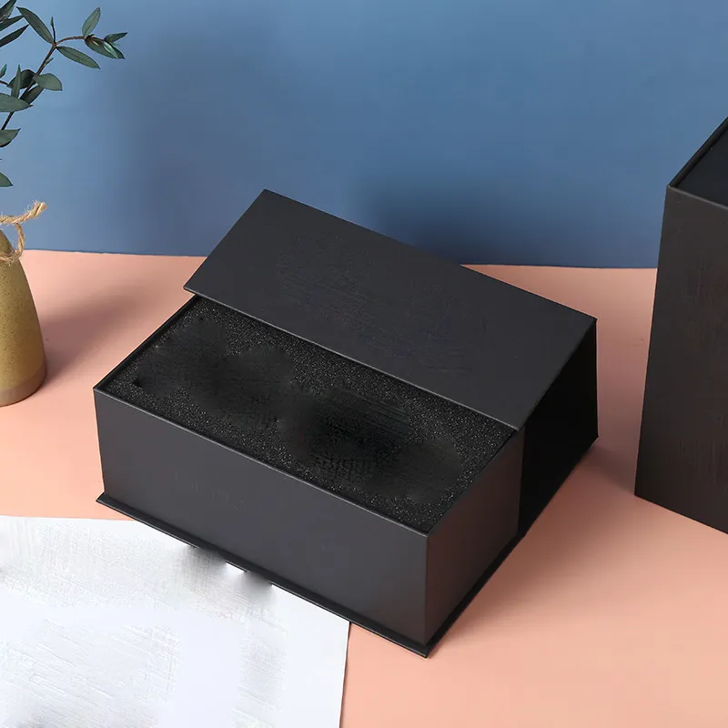 Autolock-Caja de cartón plegable negra pequeña, cajas de embalaje personalizadas para medicina, embalaje magnético cosmético de lujo con inserto de espuma